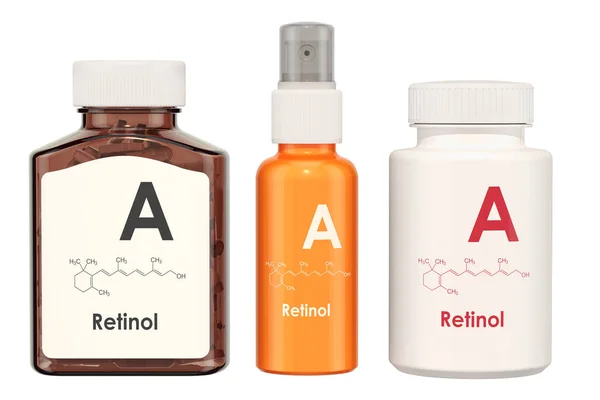 Vitamin Retinol Botol Medis Dengan Pil Dan Botol Semprot Rendering — Stok Foto