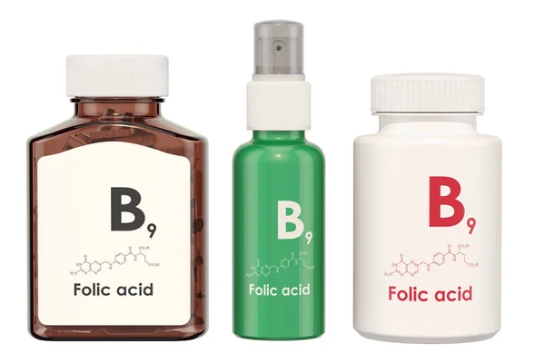 Vitamin Folic Acid Medical Bottles Pills Spray Bottle Rendering Isolated — Stock Photo, Image