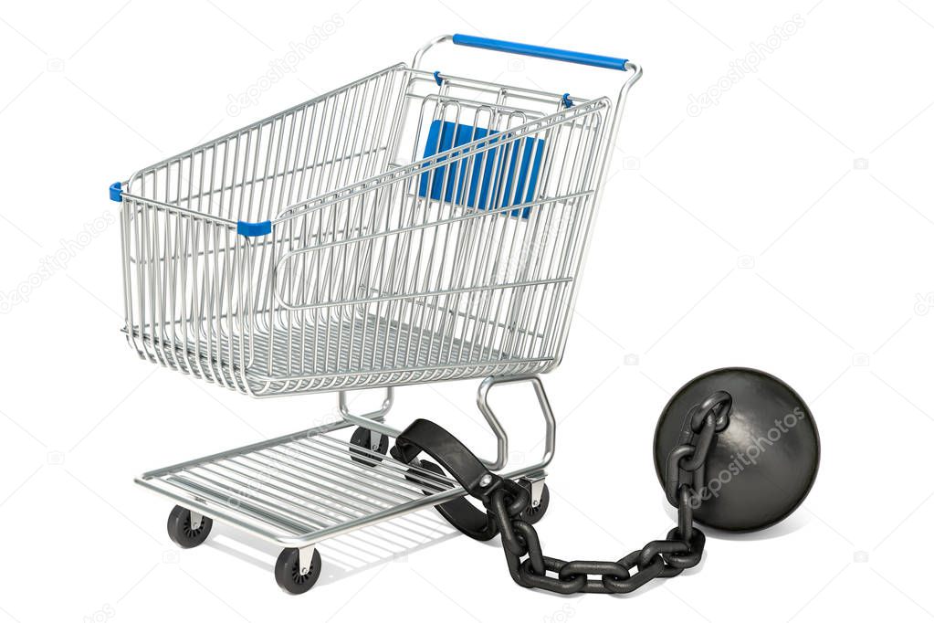 Shopping cart with shacklers, purchasing power concept. 3D rendering isolated on white background