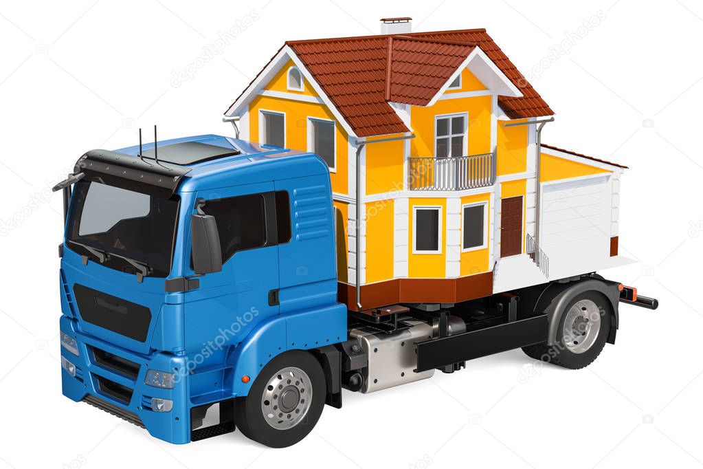 Household moving services concept. Truck with house, 3D rendering isolated on white background