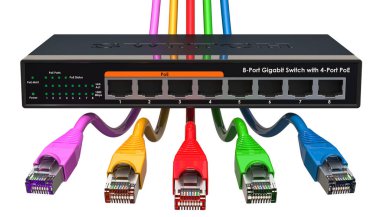 8 port Gigabit Ethernet switch with colored lan cables. 3D rendering isolated on white background clipart