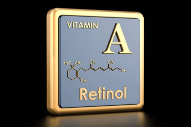 A vitamini, retinol. Simge, kimyasal formül, moleküler yapısı. 3D render