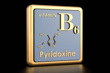 B6 vitamini, piridoksin. Simge, kimyasal formül, moleküler yapısı. 3D render