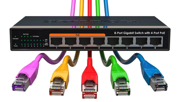 Portů Gigabit Ethernet Switch Barevnými Lan Kabely Vykreslování Izolovaných Bílém — Stock fotografie