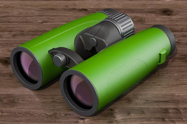 Modern Green Binoculars Wooden Background Rendering — Stock Photo, Image