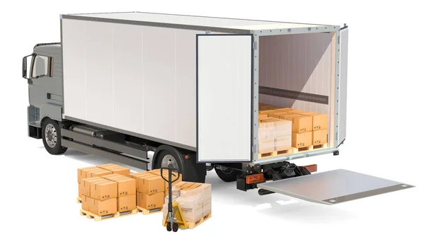 Camión Con Parcelas Transpaleta Con Cajas Cartón Transporte Mercancías Concepto — Foto de Stock