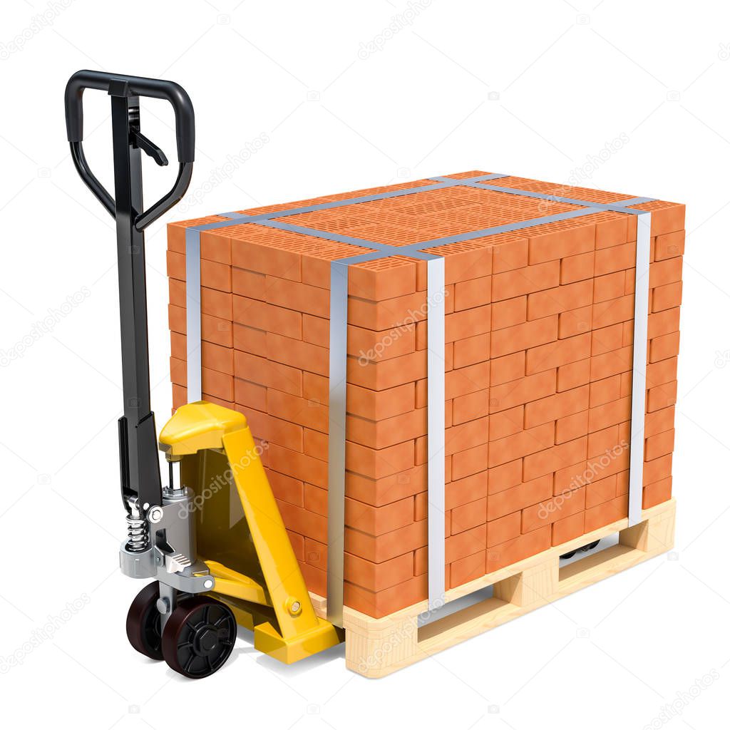 Pallet truck with stack of bricks, 3D rendering isolated on white background