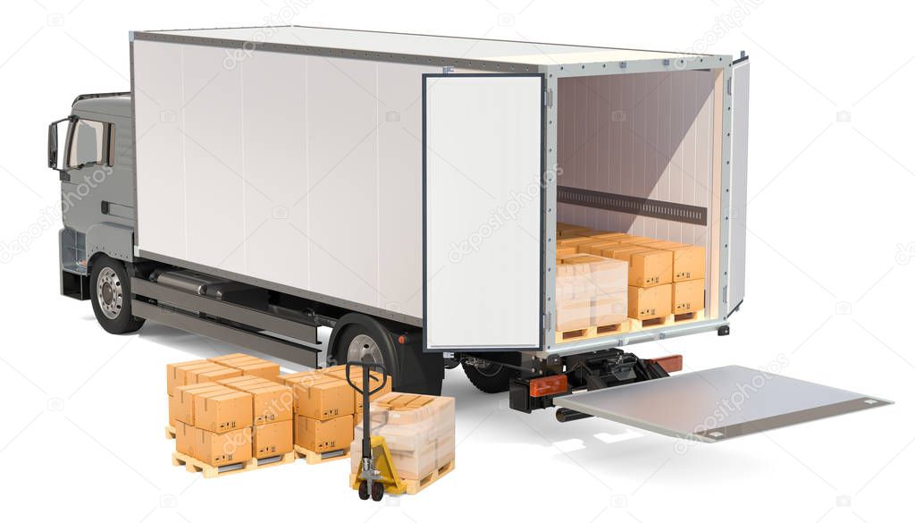 Truck with parcels and pallet truck with cardboard boxes. Freight transportation, delivery concept. 3D rendering isolated on white background