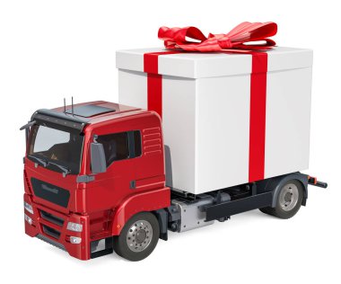Hediye kutusu ile kamyon. Hediye teslimat kavramı, beyaz arka plan üzerinde izole 3d render