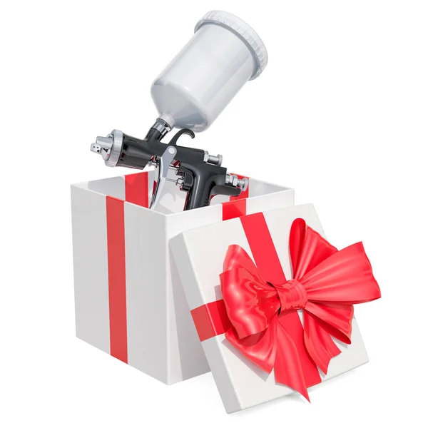 Gift concept, painting spray gun inside gift box. 3D rendering isolated on white background