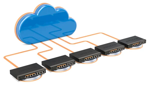 Networking connection concept. Computer cloud with network switches, 3D rendering isolated on white background