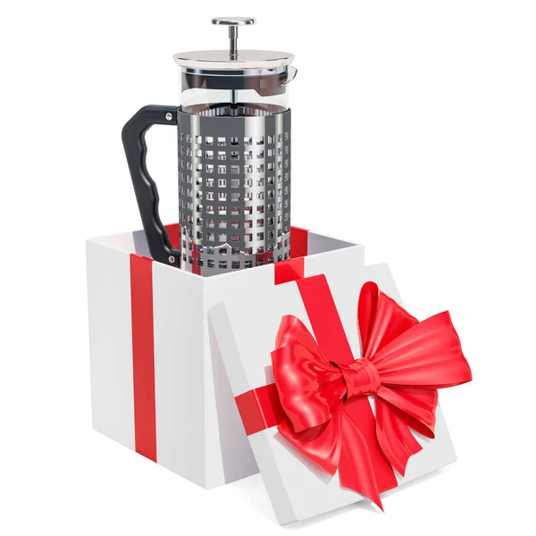 French Press Coffee or Tea Maker inside gift box, gift concept. 3D rendering isolated on white background