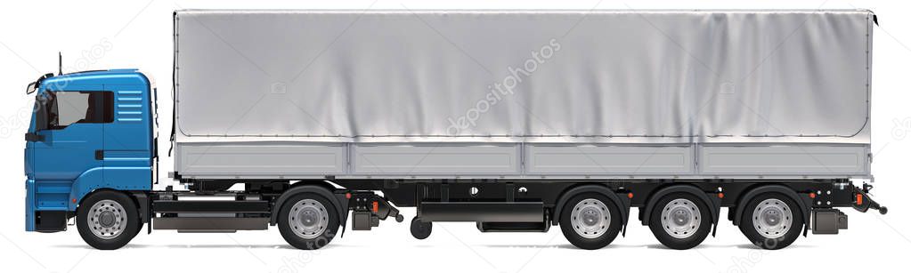 Lorry trailer with curtainside from tarp. 3D rendering isolated on white background
