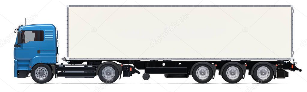 Lorry with long isothermal van, side view. 3D rendering isolated on white background