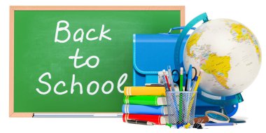 Geri okul kavramı. Kırtasiye Seti, beyaz arka plan üzerinde izole 3d render