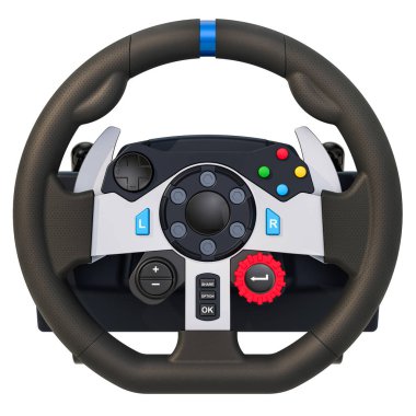 Bilgisayar yarış oyun direksiyon simidi, beyaz arka plan üzerinde izole 3d render