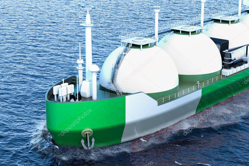 Nigerian gas tanker sailing in ocean, 3D rendering