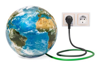 Dünya dünya gücü ile elektrik prizine takın. Yeşil enerji kavramı. Beyaz arka plan üzerinde izole 3d render