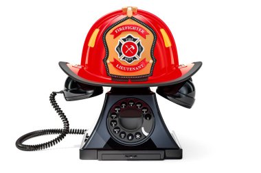 İtfaiyeci kask, 911 konsept telefon. Beyaz arka plan üzerinde izole 3d render