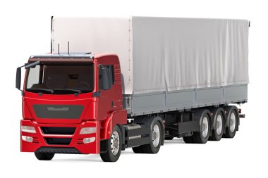 Kamyon römork curtainside üzerinden muşamba ile. Beyaz arka plan üzerinde izole 3d render