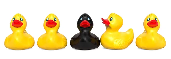 Black Rubber Duck Yellow Rubber Ducks Ugly Duckling Concept Rendering — Stock Photo, Image