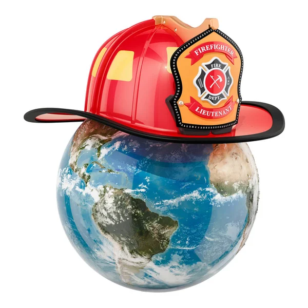 地球与消防员头盔 在白色背景上隔离3D — 图库照片