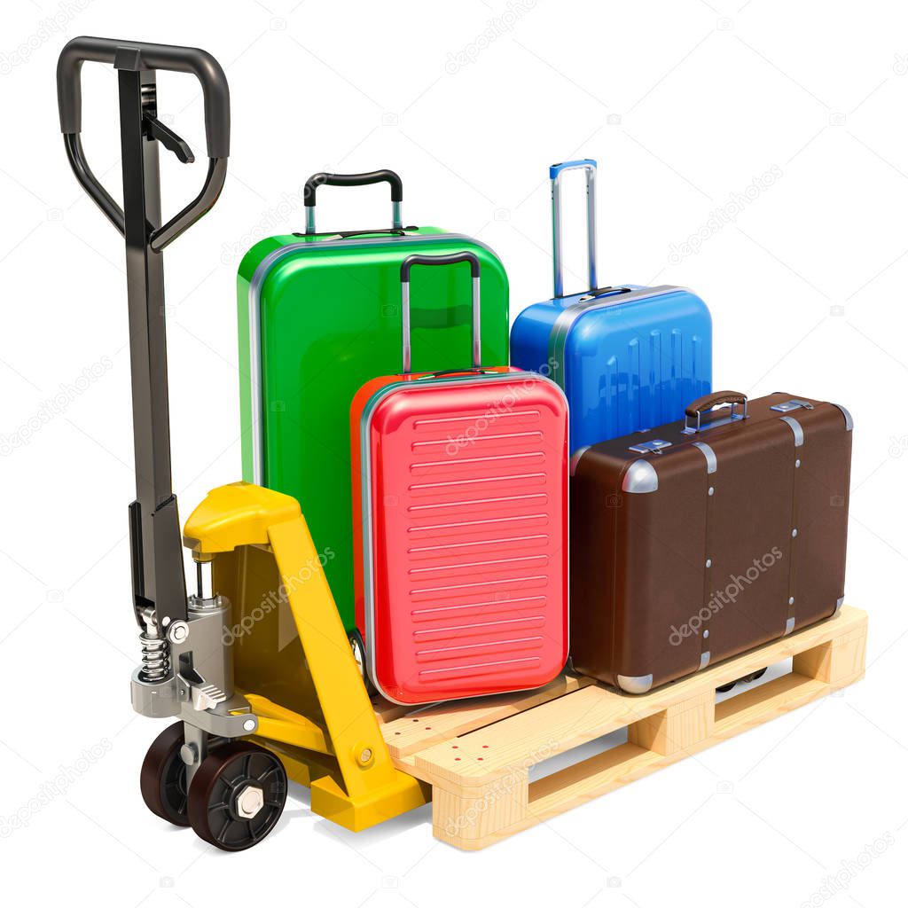 Pallet jack with baggage. Luggage Delivery Service concept. 3D rendering isolated on white background