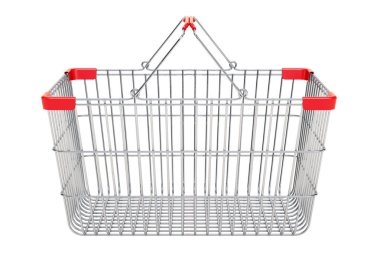 Metal alışveriş sepeti, yan görünüm. Beyaz arka plan üzerinde izole 3d render