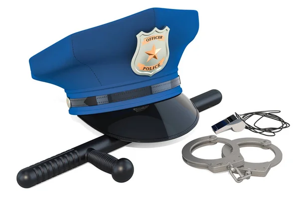 Polizeimütze Handschellen Trillerpfeife Und Schlagstock Darstellung Isoliert Auf Weißem Hintergrund — Stockfoto