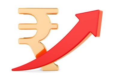 Yukarı, 3d render beyaz arka plan üzerinde izole kırmızı ok simgesiyle Rupisi