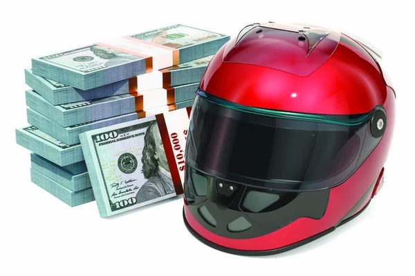 Sport bets. Money with racing helmet, 3D rendering isolated on white background