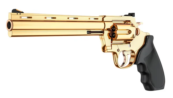 Revólver de juguete dorado Western sobre un fondo blanco liso y aislado.  Vista superior. Copy space Stock Photo