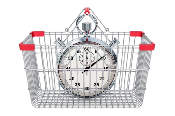 Shopping Basket Stopwatch Shopping Time Concept Rendering Isolated White Background — Stock Photo, Image