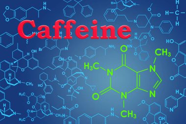 Kafein. Kimyasal formülü, moleküler yapısı. 3D render