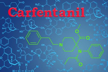 Carfentanil veya carfentanyl. Kimyasal formülü, moleküler yapısı. 3D render 
