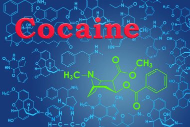 Kokain. Kimyasal formülü, moleküler yapısı. 3D render