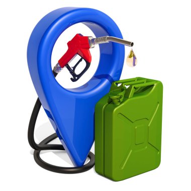 Benzin istasyonu yeri kavramı. Harita göstergesi yakıt pompa meme ve bidon, 3d render ile