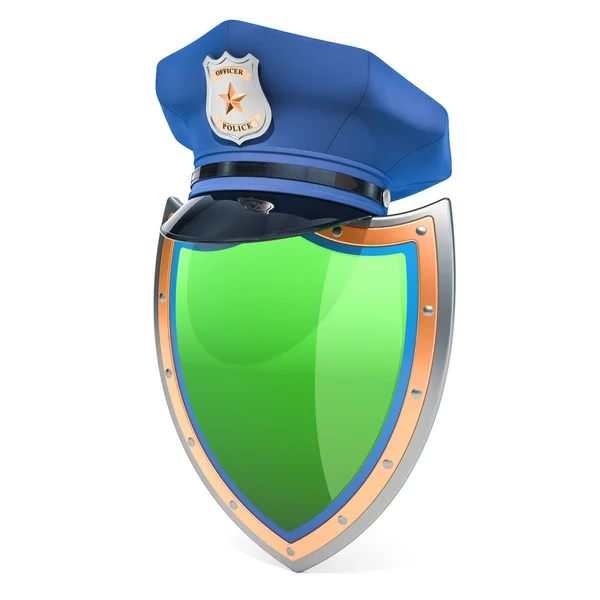 Shield Police Cap Security Protect Concept Rendering Isolated White Background — Stock Photo, Image