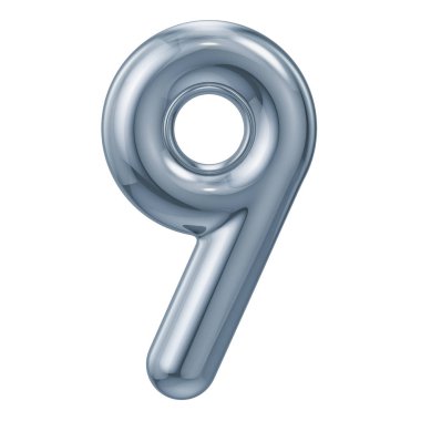 Beyaz arka plan üzerinde izole metalik 9 numara, 3d render