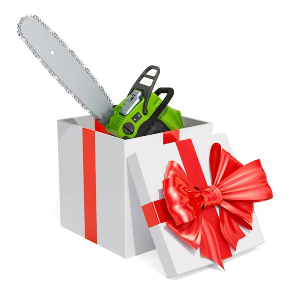 Chainsaw Gift Box Rendering Isolated White Backgroun — Stock Photo, Image