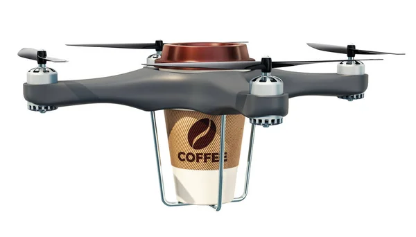 Drone Consegna Con Tazza Caffè Rendering Isolato Sfondo Bianco — Foto Stock