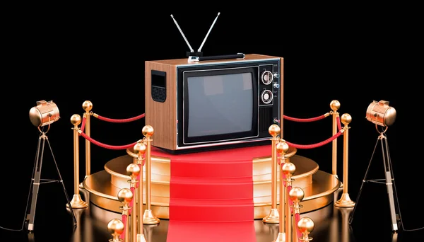 Podium Mit Fernseher Darstellung Isoliert Auf Schwarzem Hintergrund — Stockfoto