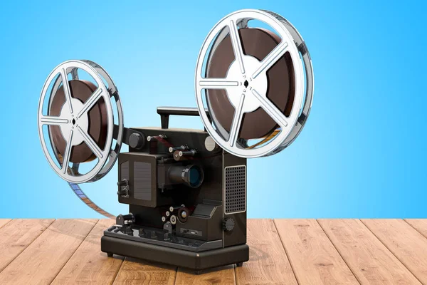 Retro cinema projector on the wooden table. 3D rendering