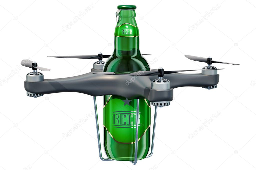 Delivery drone with beer bottle, 3D rendering isolated on white background
