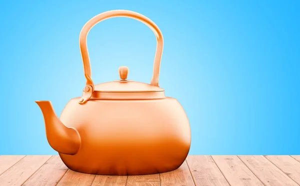 Big Copper Kettle Wooden Table Rendering — Stock Photo, Image