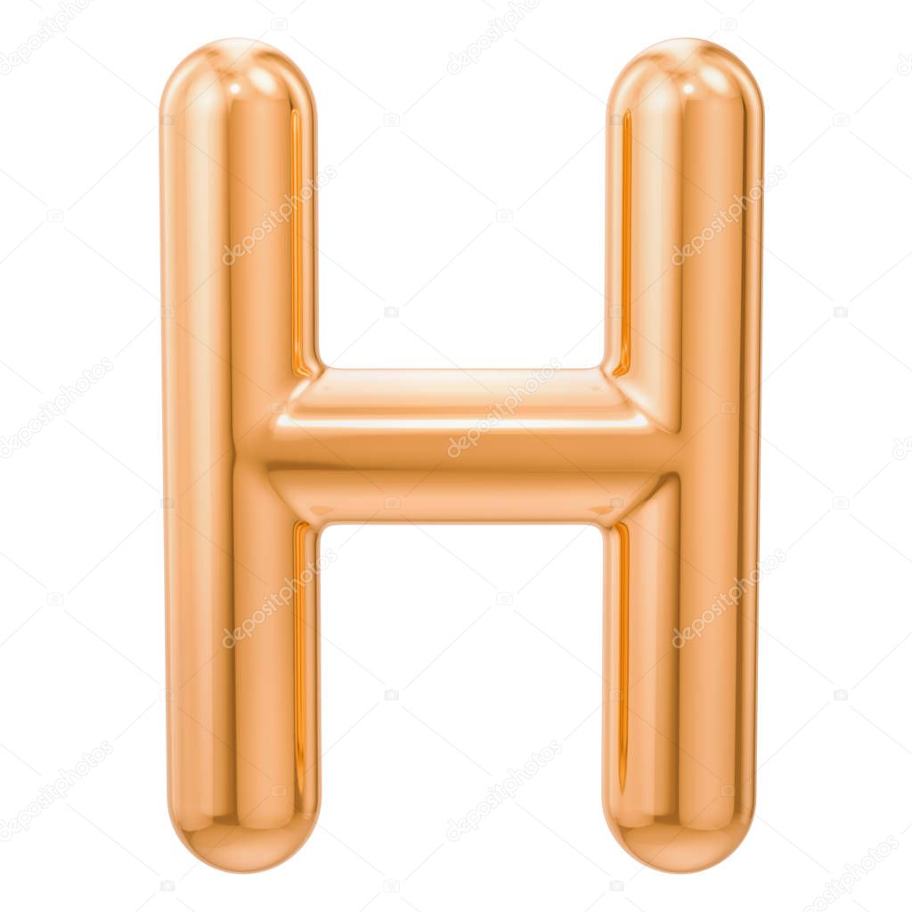 Golden letter H, 3D rendering isolated on white background