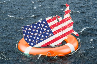 Lifebuoy açık denizde Amerikan harita ile. Güvenli, yardım ve kavram korumak. 3D render