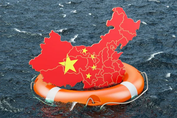 Lifebuoy with Chinese map in the open sea. Safe, help and protect concept. 3D rendering