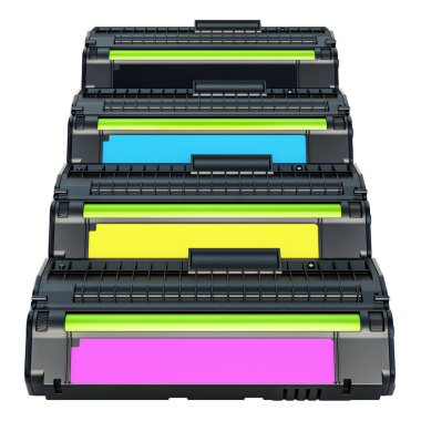 Renkli lazer toner kartuşları, 3d render beyaz arka plan üzerinde izole kümesi