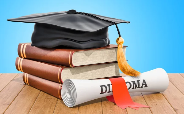 Concepto Educativo Libros Con Gorra Graduación Diploma Mesa Madera Renderizado —  Fotos de Stock